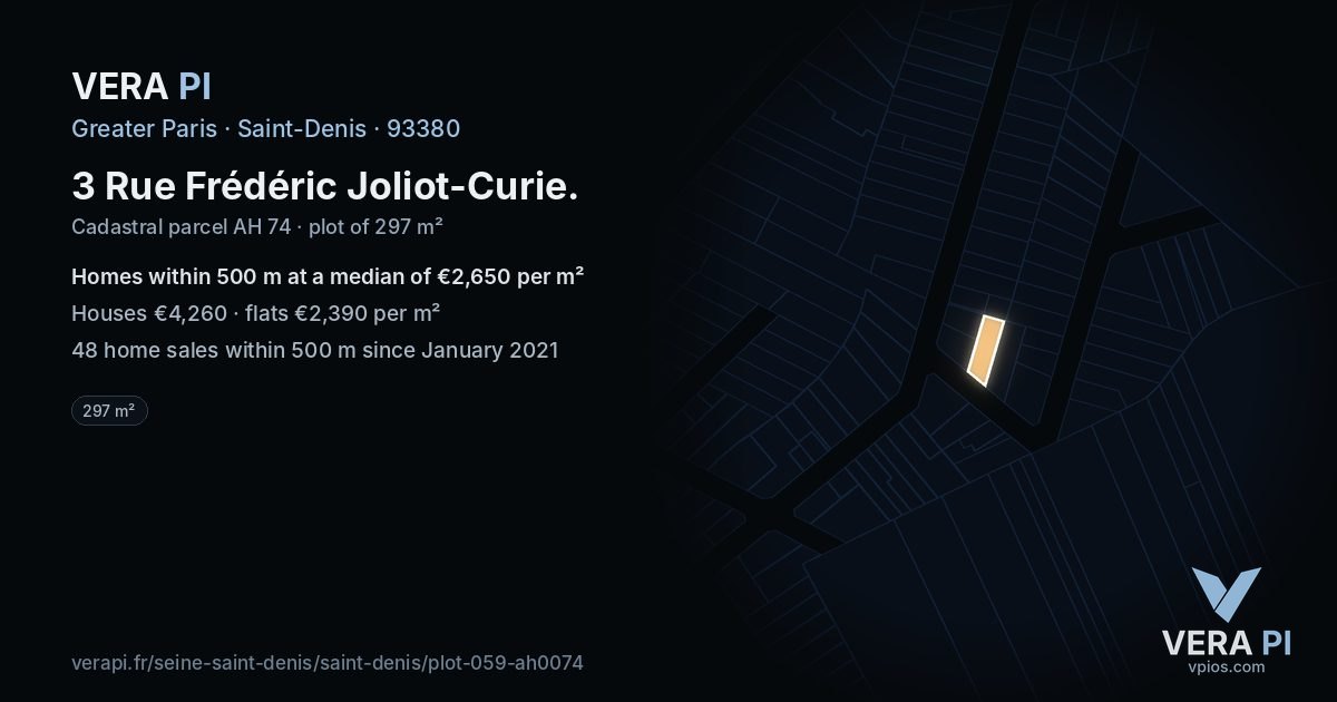 3 Rue Frédéric Joliot-Curie, Saint-Denis at night – the plot lit, the parcels around coloured by the prices near them