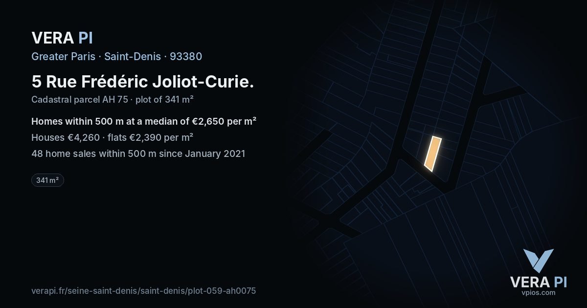 5 Rue Frédéric Joliot-Curie, Saint-Denis at night – the plot lit, the parcels around coloured by the prices near them