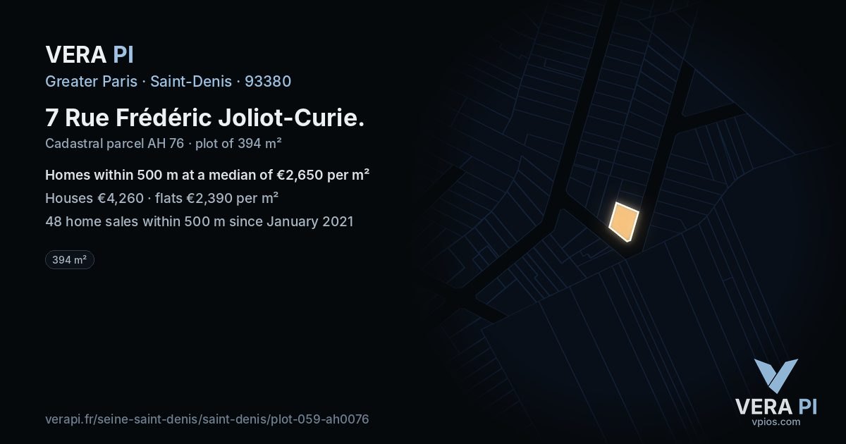 7 Rue Frédéric Joliot-Curie, Saint-Denis at night – the plot lit, the parcels around coloured by the prices near them