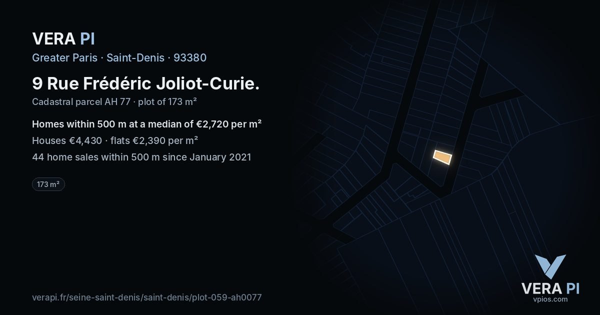 9 Rue Frédéric Joliot-Curie, Saint-Denis at night – the plot lit, the parcels around coloured by the prices near them