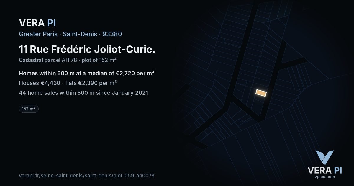 11 Rue Frédéric Joliot-Curie, Saint-Denis at night – the plot lit, the parcels around coloured by the prices near them