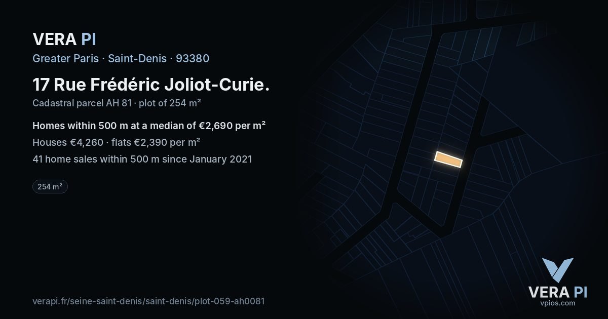 17 Rue Frédéric Joliot-Curie, Saint-Denis at night – the plot lit, the parcels around coloured by the prices near them