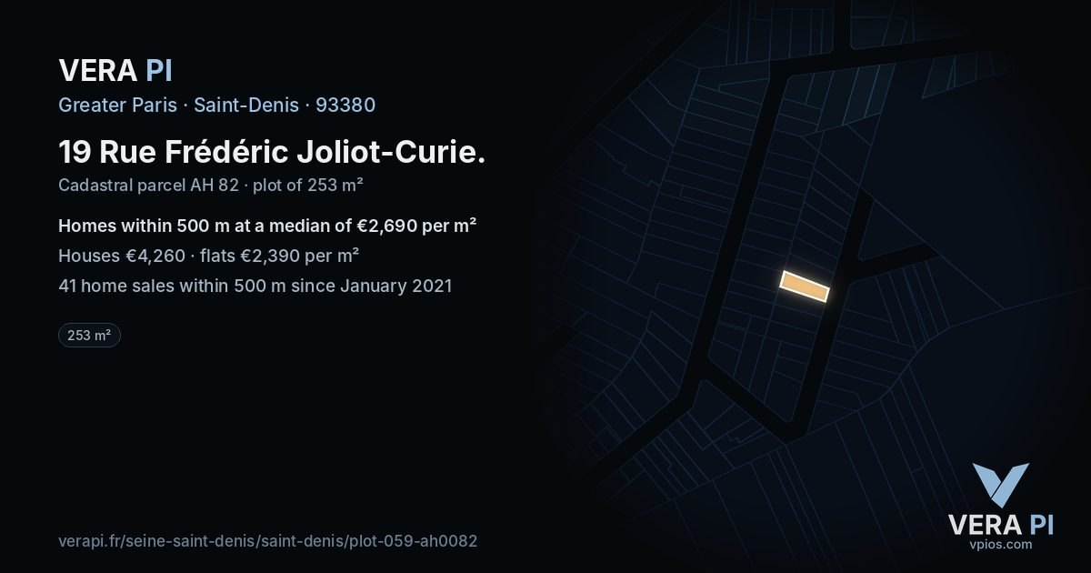 19 Rue Frédéric Joliot-Curie, Saint-Denis at night – the plot lit, the parcels around coloured by the prices near them