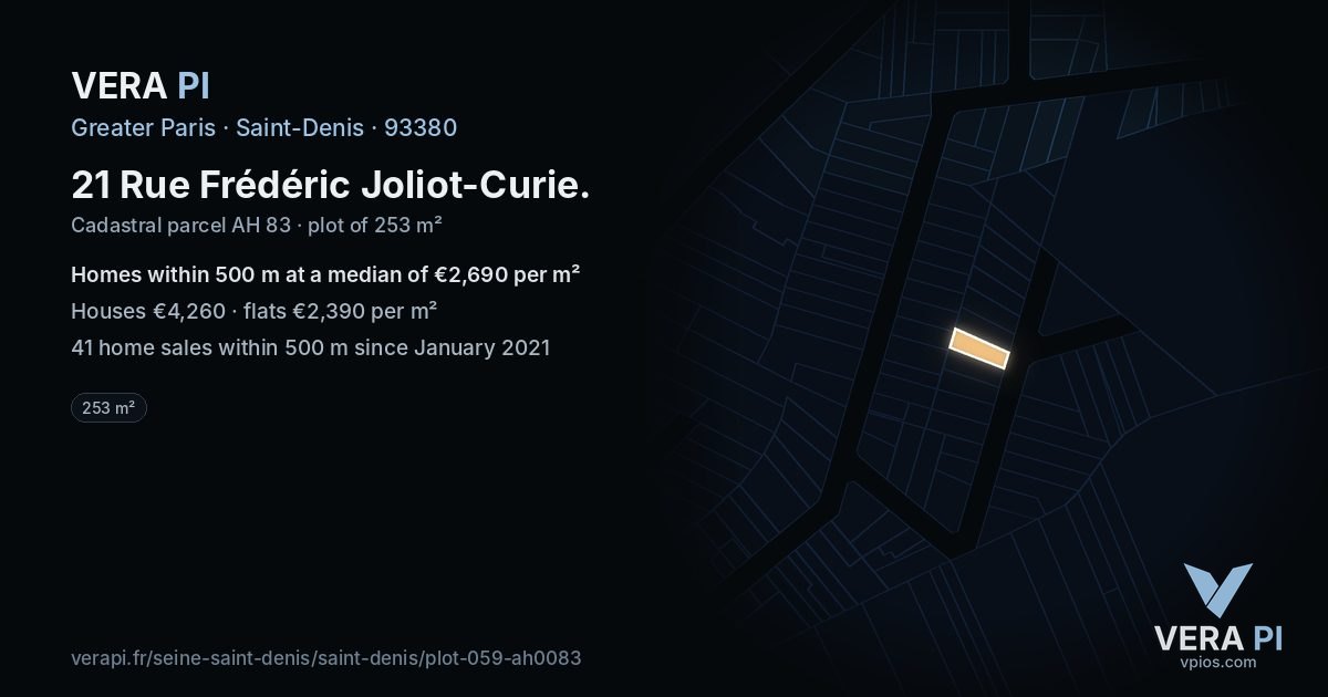 21 Rue Frédéric Joliot-Curie, Saint-Denis at night – the plot lit, the parcels around coloured by the prices near them