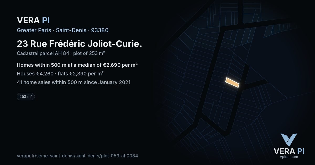 23 Rue Frédéric Joliot-Curie, Saint-Denis at night – the plot lit, the parcels around coloured by the prices near them