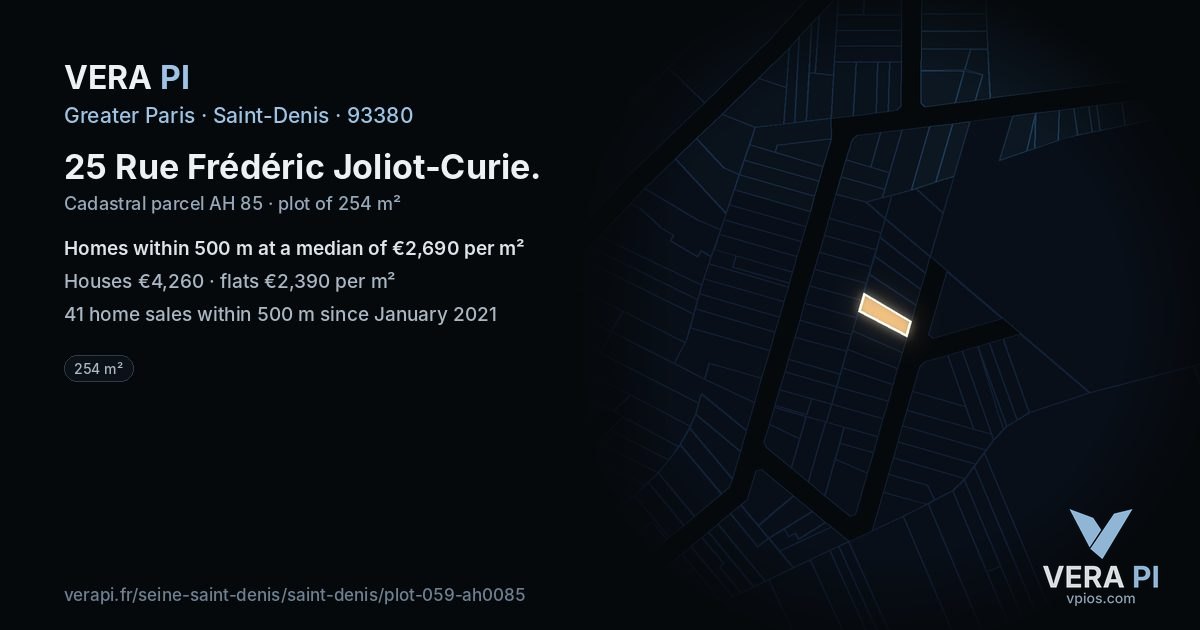 25 Rue Frédéric Joliot-Curie, Saint-Denis at night – the plot lit, the parcels around coloured by the prices near them