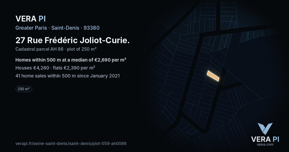 27 Rue Frédéric Joliot-Curie, Saint-Denis at night – the plot lit, the parcels around coloured by the prices near them