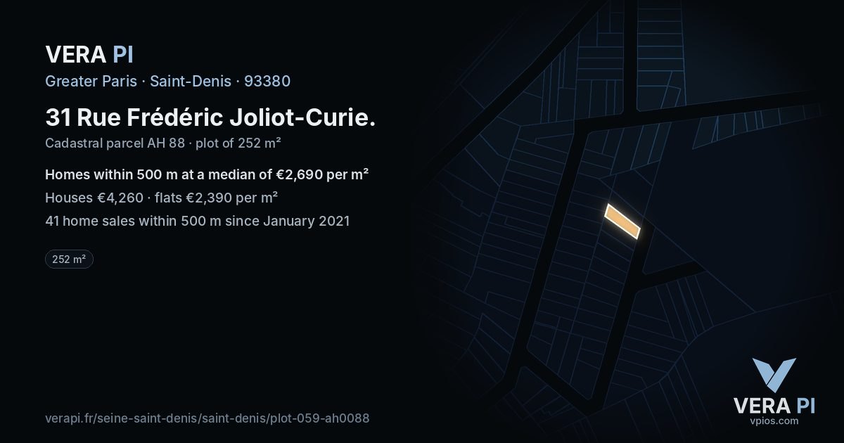 31 Rue Frédéric Joliot-Curie, Saint-Denis at night – the plot lit, the parcels around coloured by the prices near them