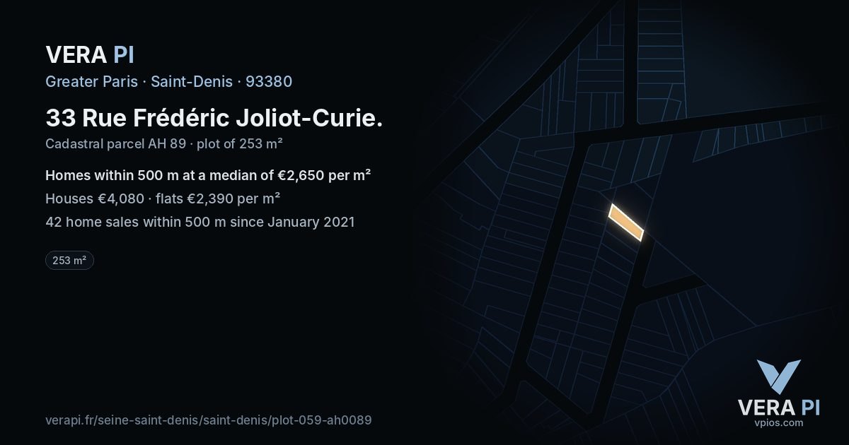 33 Rue Frédéric Joliot-Curie, Saint-Denis at night – the plot lit, the parcels around coloured by the prices near them