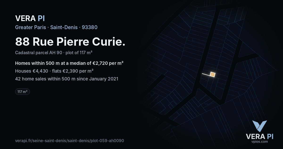 88 Rue Pierre Curie, Saint-Denis at night – the plot lit, the parcels around coloured by the prices near them
