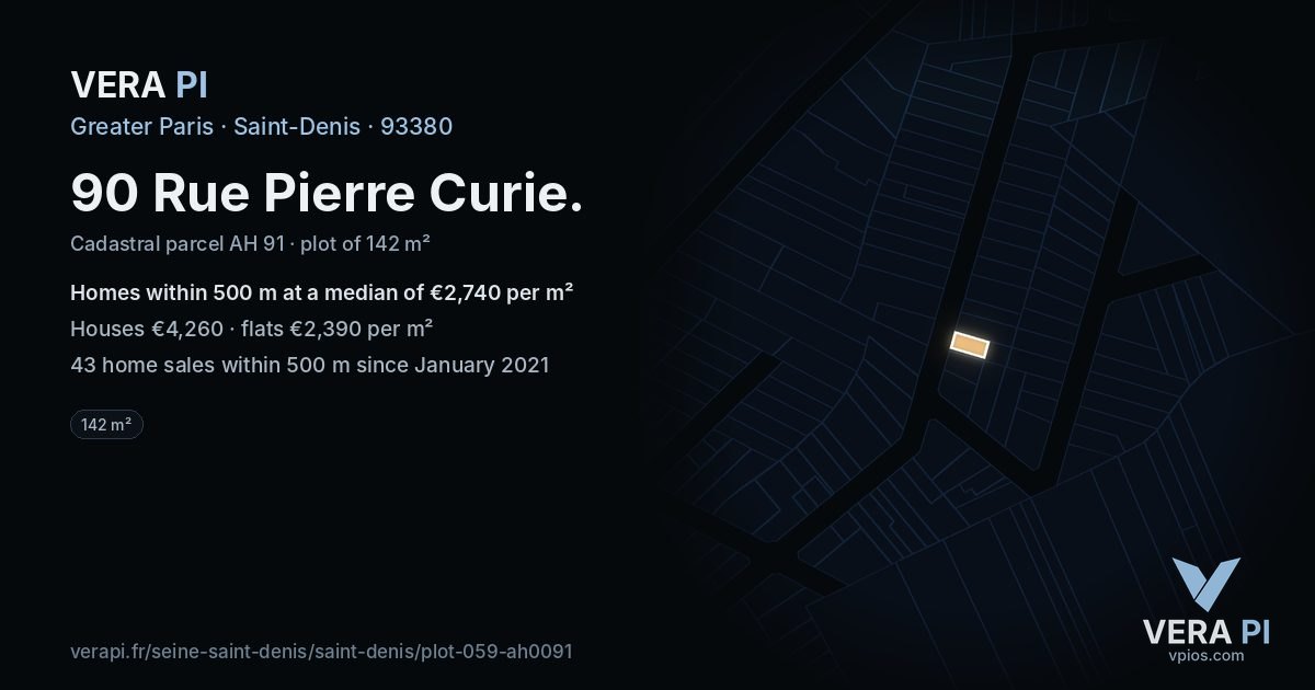 90 Rue Pierre Curie, Saint-Denis at night – the plot lit, the parcels around coloured by the prices near them