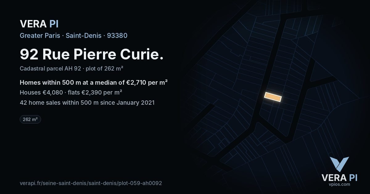 92 Rue Pierre Curie, Saint-Denis at night – the plot lit, the parcels around coloured by the prices near them