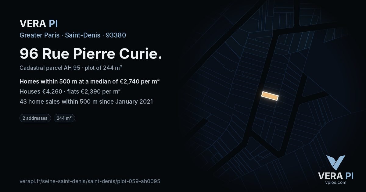 96 Rue Pierre Curie, Saint-Denis at night – the plot lit, the parcels around coloured by the prices near them