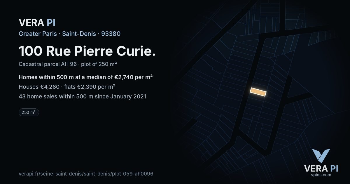 100 Rue Pierre Curie, Saint-Denis at night – the plot lit, the parcels around coloured by the prices near them