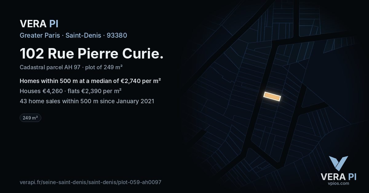 102 Rue Pierre Curie, Saint-Denis at night – the plot lit, the parcels around coloured by the prices near them