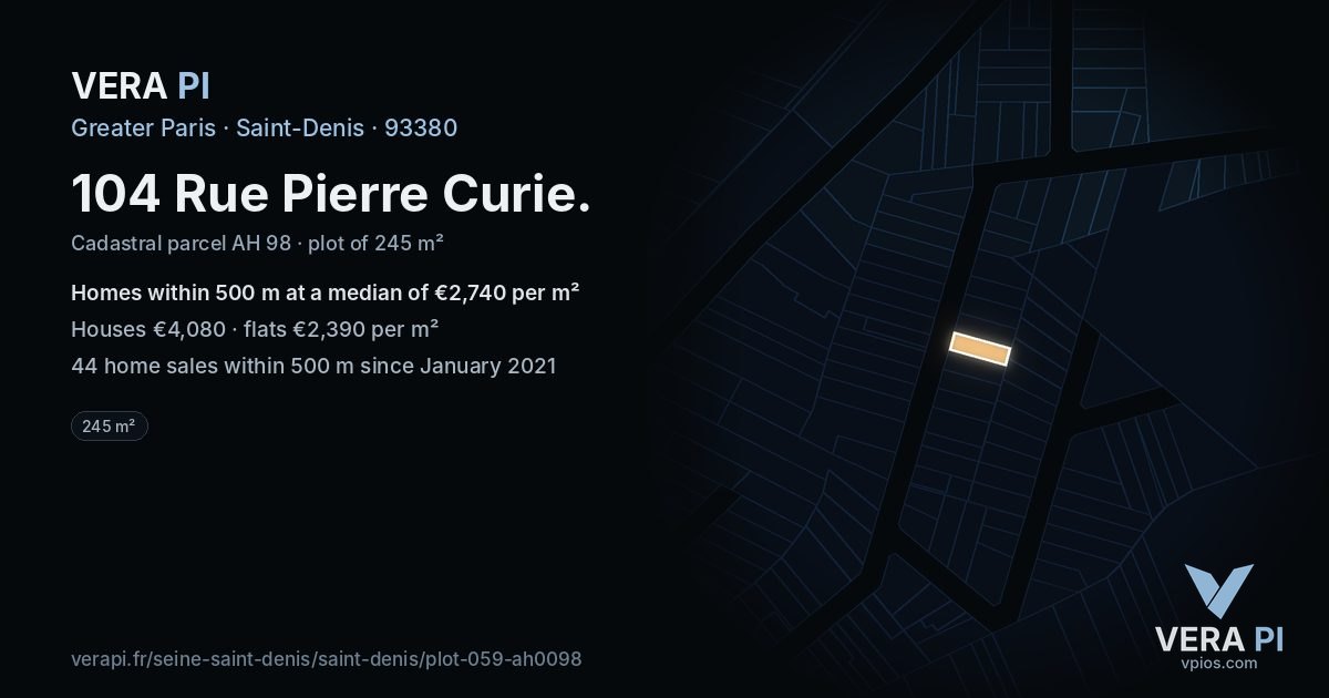 104 Rue Pierre Curie, Saint-Denis at night – the plot lit, the parcels around coloured by the prices near them