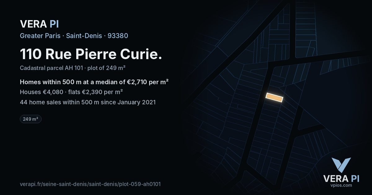 110 Rue Pierre Curie, Saint-Denis at night – the plot lit, the parcels around coloured by the prices near them