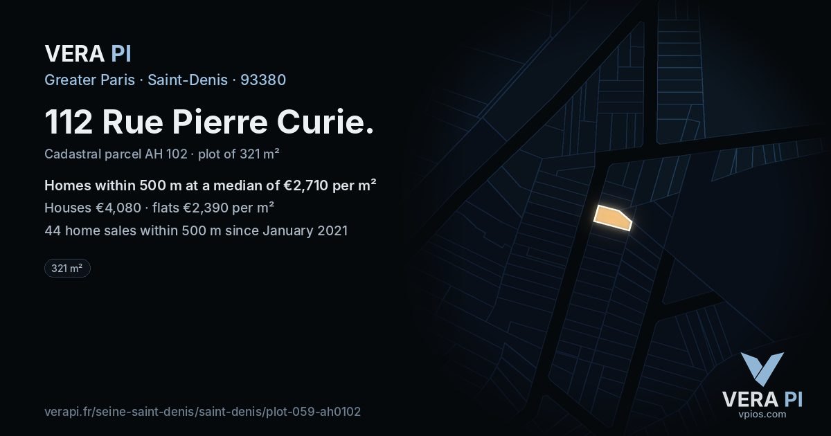 112 Rue Pierre Curie, Saint-Denis at night – the plot lit, the parcels around coloured by the prices near them