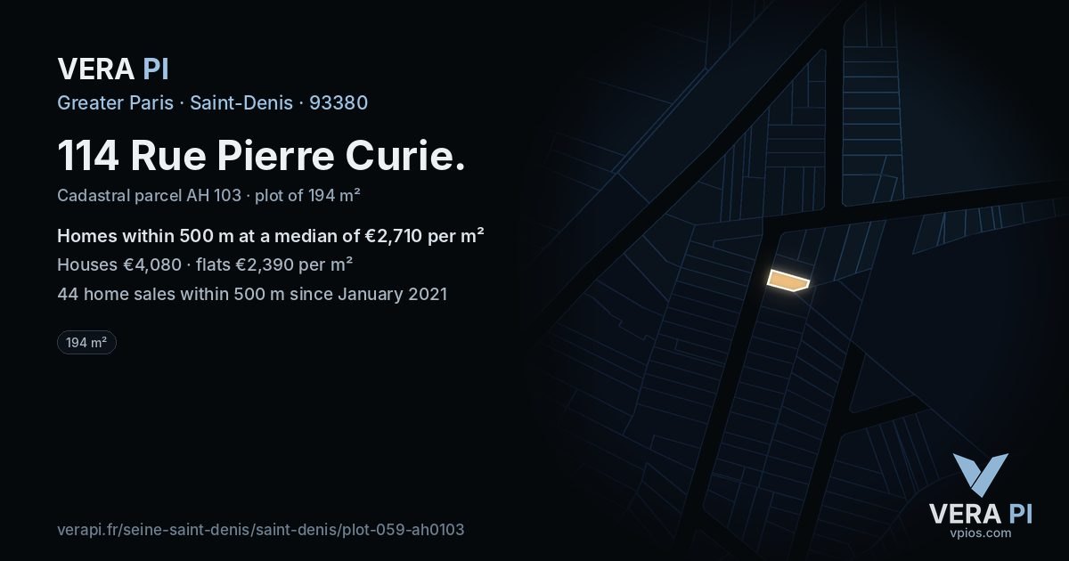 114 Rue Pierre Curie, Saint-Denis at night – the plot lit, the parcels around coloured by the prices near them