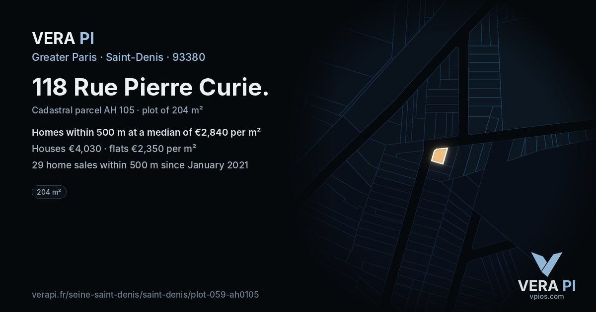 118 Rue Pierre Curie, Saint-Denis at night – the plot lit, the parcels around coloured by the prices near them