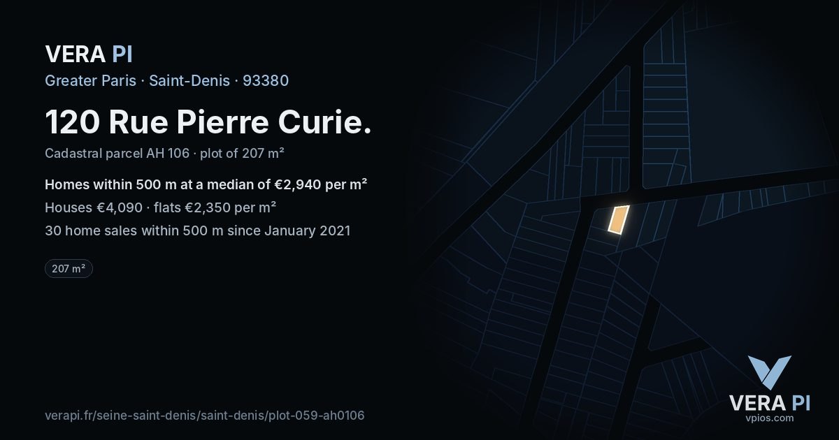 120 Rue Pierre Curie, Saint-Denis at night – the plot lit, the parcels around coloured by the prices near them