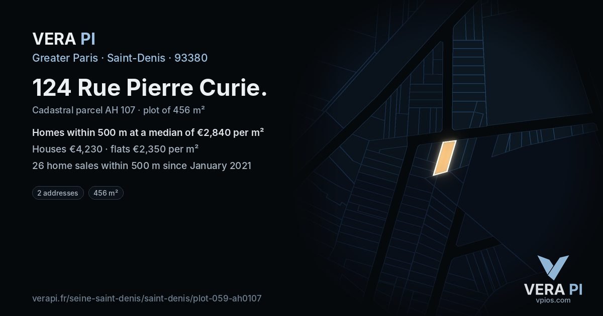 124 Rue Pierre Curie, Saint-Denis at night – the plot lit, the parcels around coloured by the prices near them