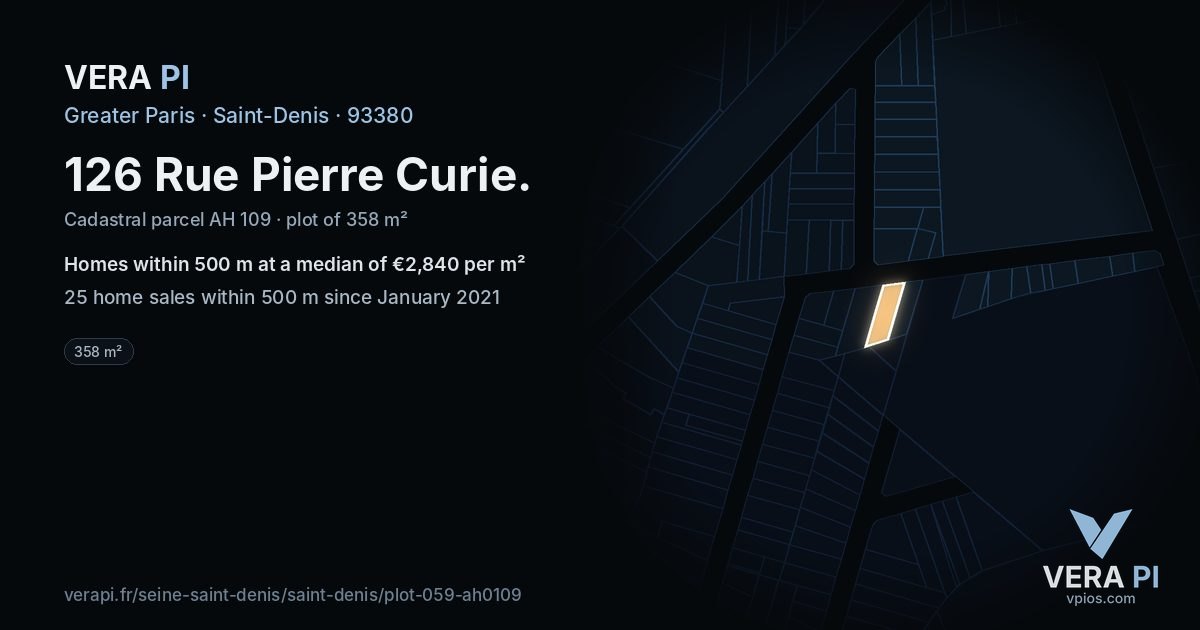126 Rue Pierre Curie, Saint-Denis at night – the plot lit, the parcels around coloured by the prices near them