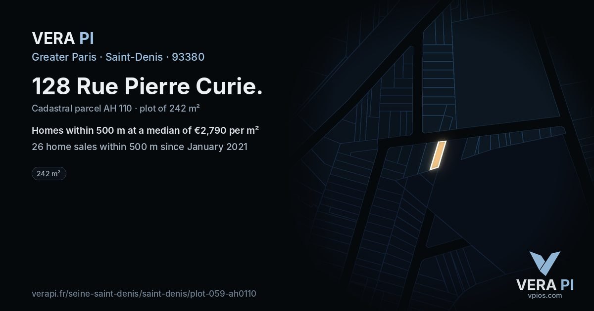 128 Rue Pierre Curie, Saint-Denis at night – the plot lit, the parcels around coloured by the prices near them