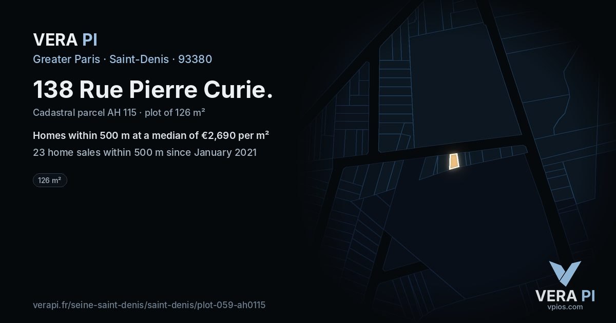 138 Rue Pierre Curie, Saint-Denis at night – the plot lit, the parcels around coloured by the prices near them