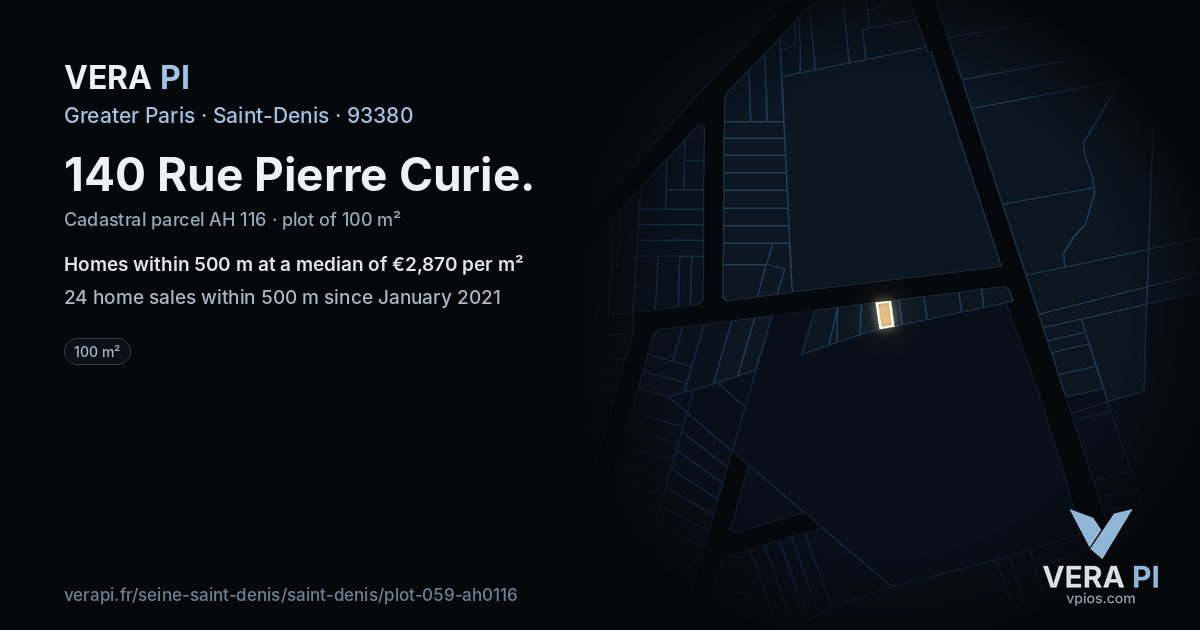 140 Rue Pierre Curie, Saint-Denis at night – the plot lit, the parcels around coloured by the prices near them