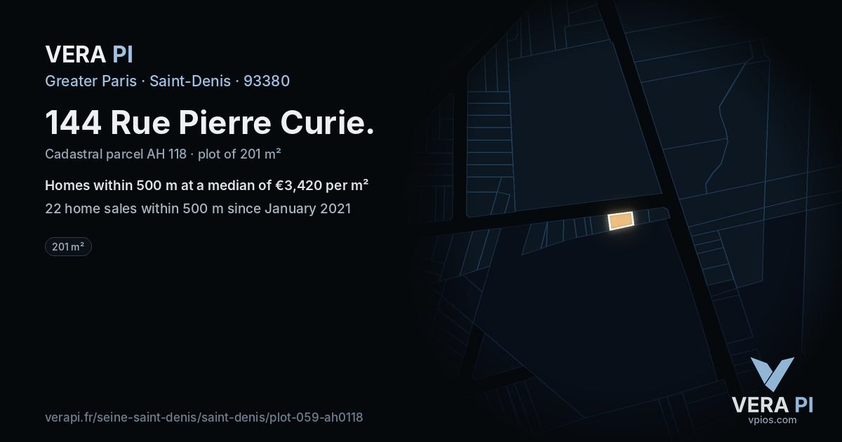 144 Rue Pierre Curie, Saint-Denis at night – the plot lit, the parcels around coloured by the prices near them