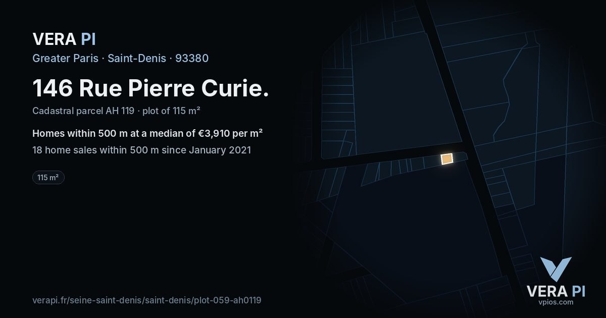 146 Rue Pierre Curie, Saint-Denis at night – the plot lit, the parcels around coloured by the prices near them