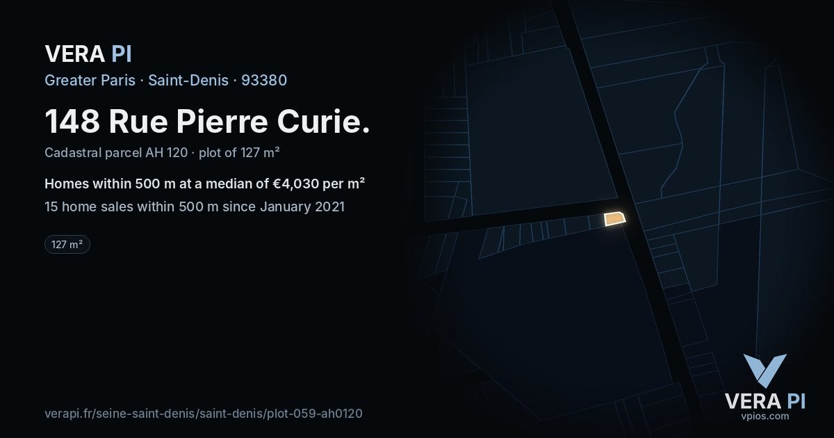 148 Rue Pierre Curie, Saint-Denis at night – the plot lit, the parcels around coloured by the prices near them
