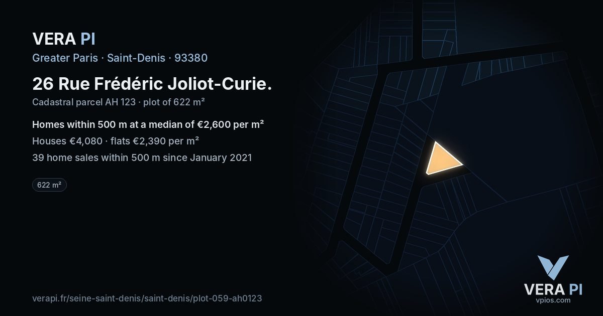 26 Rue Frédéric Joliot-Curie, Saint-Denis at night – the plot lit, the parcels around coloured by the prices near them