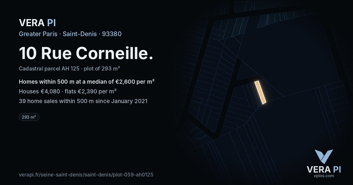 10 Rue Corneille, Saint-Denis at night – the plot lit, the parcels around coloured by the prices near them