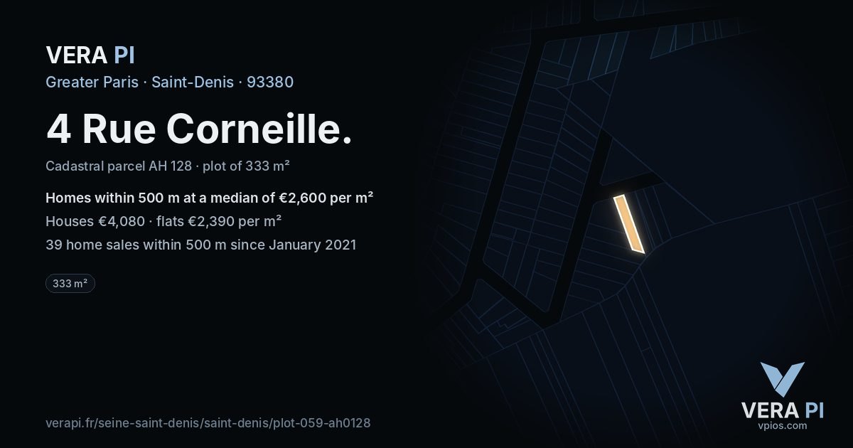 4 Rue Corneille, Saint-Denis at night – the plot lit, the parcels around coloured by the prices near them