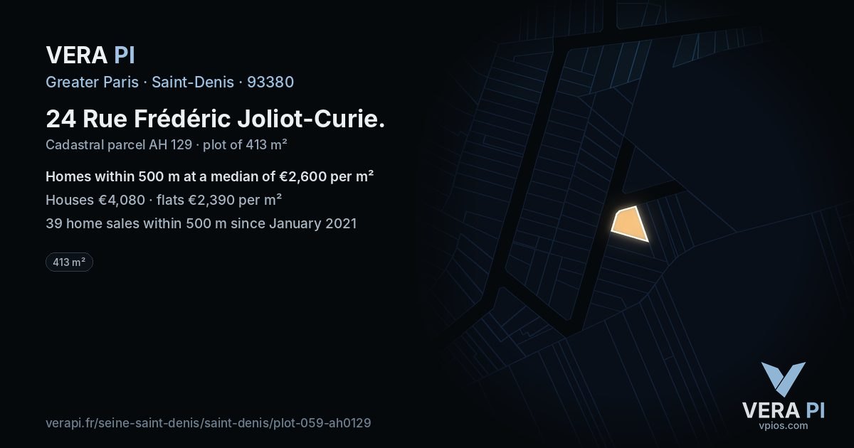 24 Rue Frédéric Joliot-Curie, Saint-Denis at night – the plot lit, the parcels around coloured by the prices near them