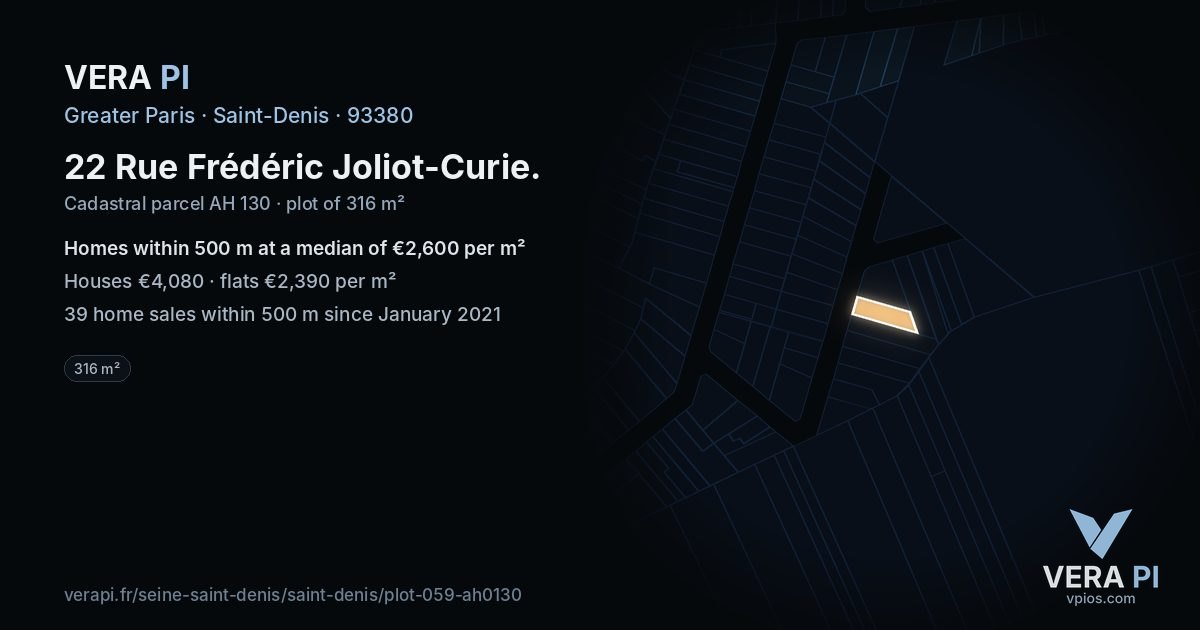 22 Rue Frédéric Joliot-Curie, Saint-Denis at night – the plot lit, the parcels around coloured by the prices near them
