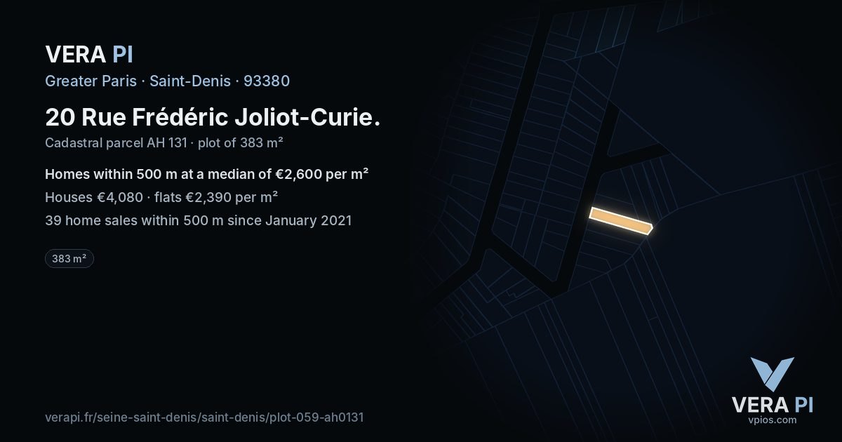 20 Rue Frédéric Joliot-Curie, Saint-Denis at night – the plot lit, the parcels around coloured by the prices near them
