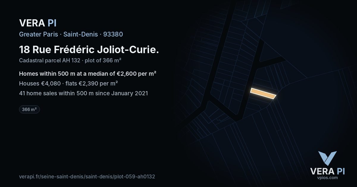 18 Rue Frédéric Joliot-Curie, Saint-Denis at night – the plot lit, the parcels around coloured by the prices near them