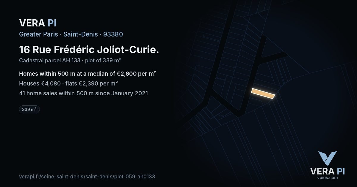 16 Rue Frédéric Joliot-Curie, Saint-Denis at night – the plot lit, the parcels around coloured by the prices near them