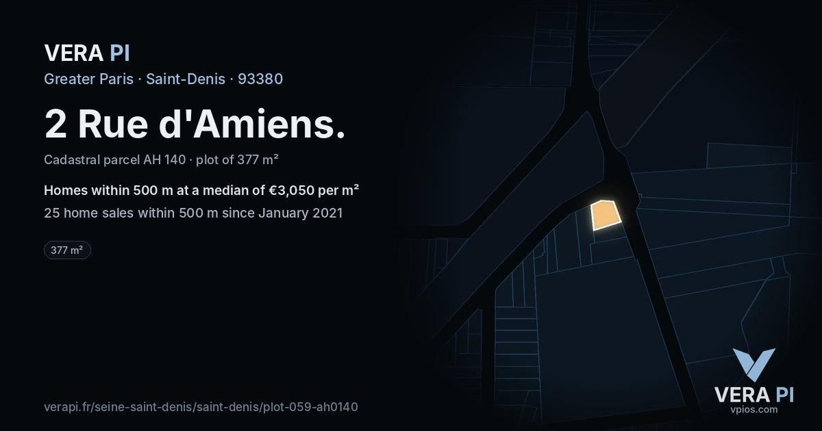 2 Rue d'Amiens, Saint-Denis at night – the plot lit, the parcels around coloured by the prices near them
