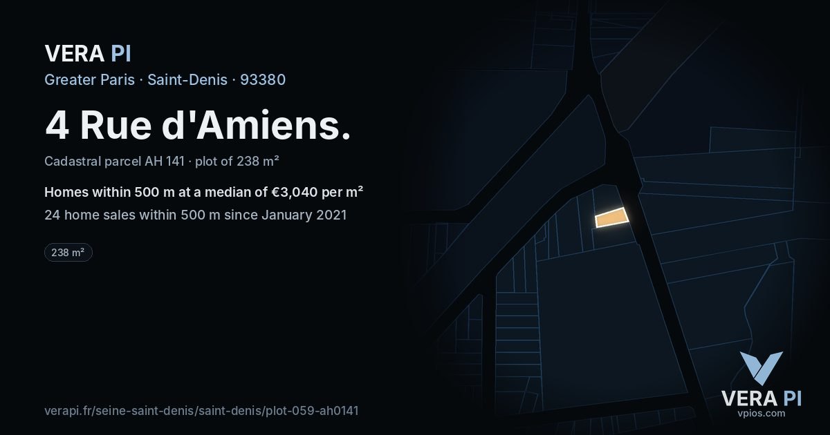 4 Rue d'Amiens, Saint-Denis at night – the plot lit, the parcels around coloured by the prices near them