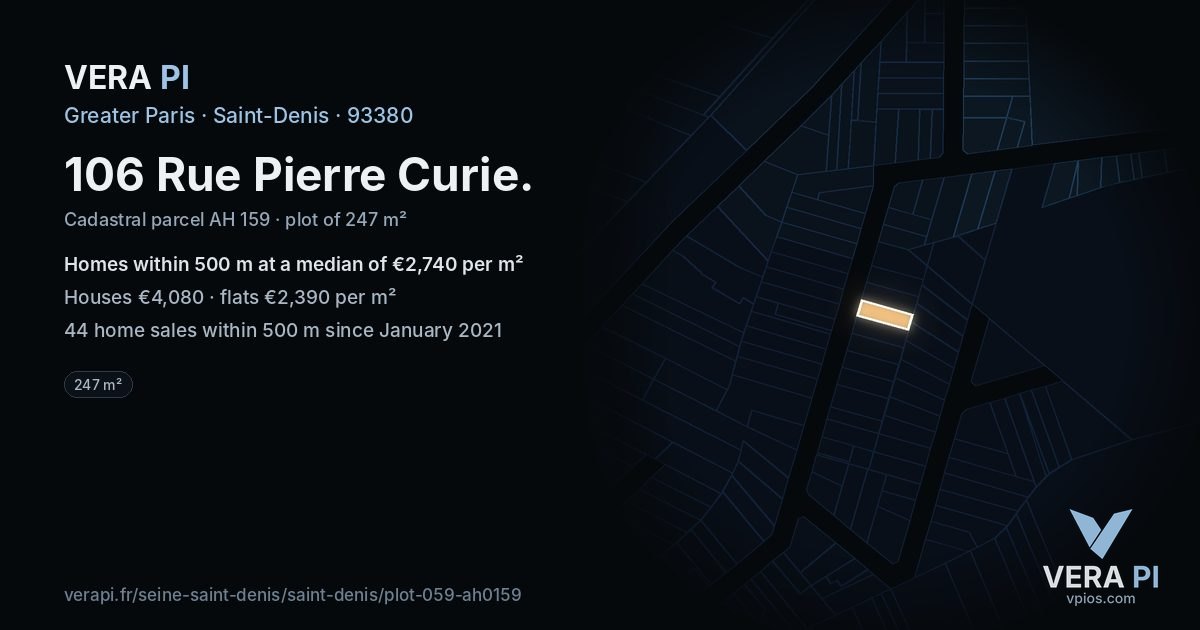 106 Rue Pierre Curie, Saint-Denis at night – the plot lit, the parcels around coloured by the prices near them
