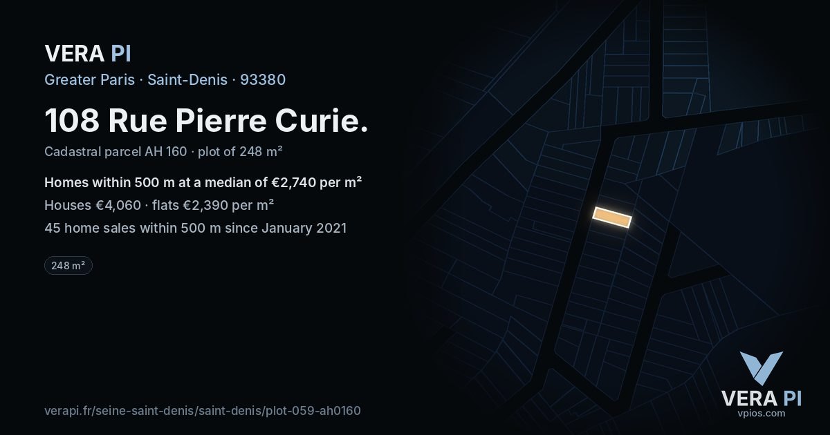 108 Rue Pierre Curie, Saint-Denis at night – the plot lit, the parcels around coloured by the prices near them
