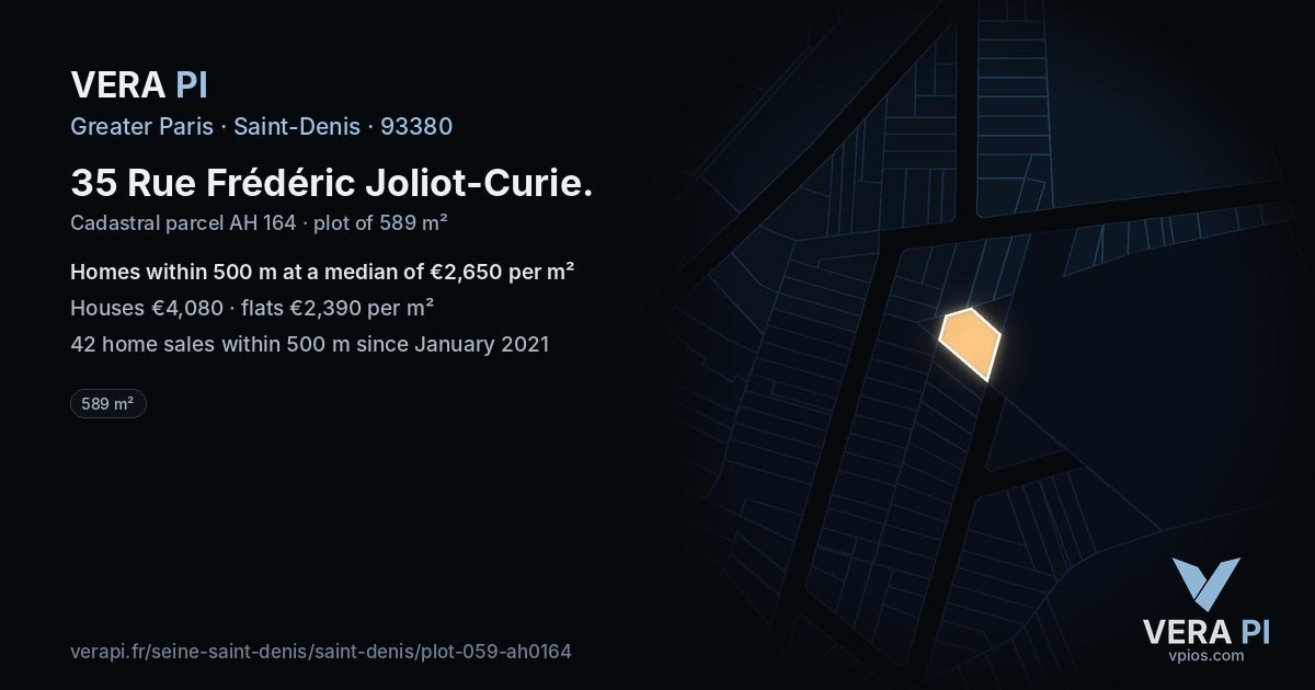 35 Rue Frédéric Joliot-Curie, Saint-Denis at night – the plot lit, the parcels around coloured by the prices near them