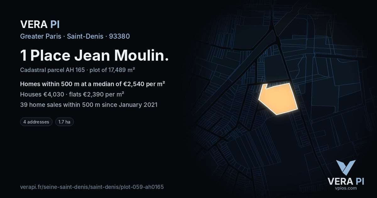 1 Place Jean Moulin, Saint-Denis at night – the plot lit, the parcels around coloured by the prices near them