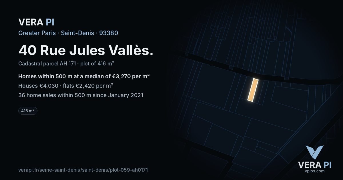 40 Rue Jules Vallès, Saint-Denis at night – the plot lit, the parcels around coloured by the prices near them