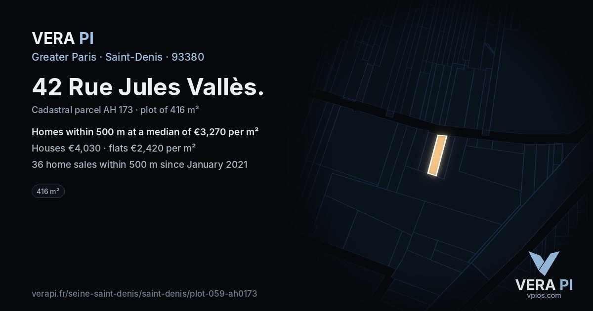 42 Rue Jules Vallès, Saint-Denis at night – the plot lit, the parcels around coloured by the prices near them