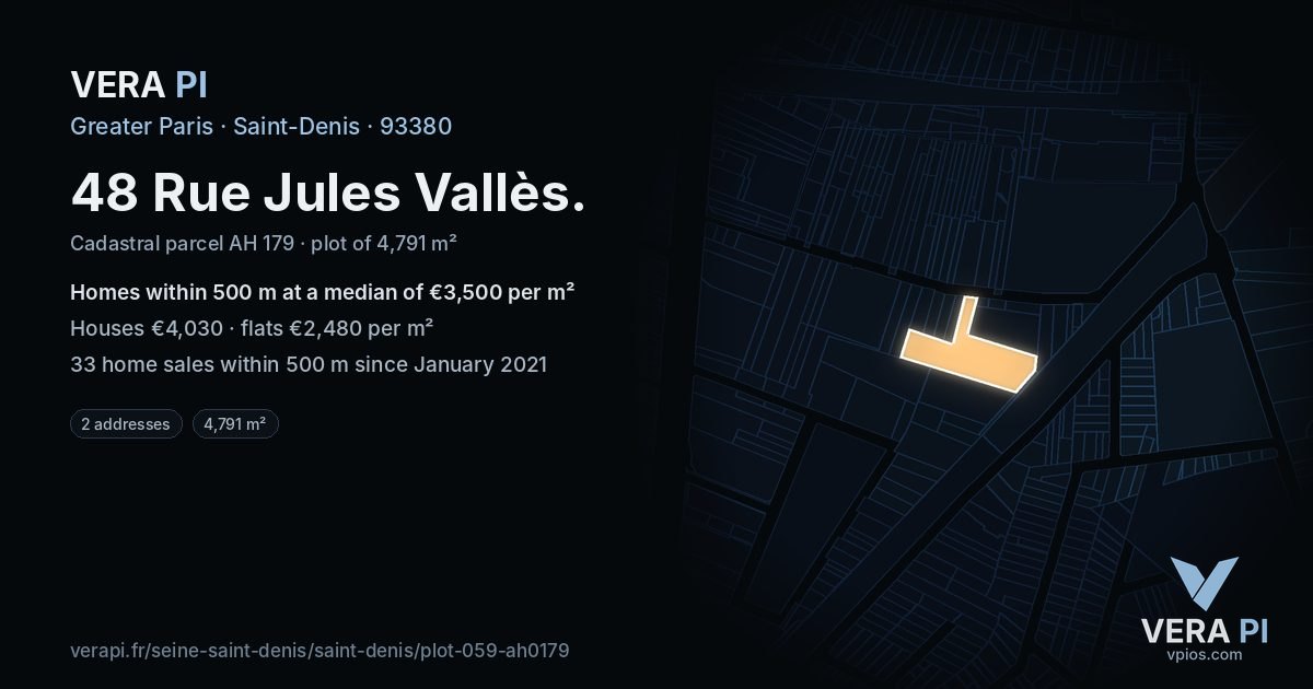 48 Rue Jules Vallès, Saint-Denis at night – the plot lit, the parcels around coloured by the prices near them